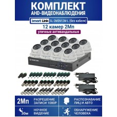 Уличный комплект видеонаблюдения 2Мп на 12 камер: антивандальные видеокамеры, запись на жёсткий диск, распознавание лиц и авто, удалённое наблюдение. Smart Link SL-2M5N12M-Light (без кабеля).