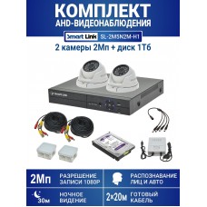 Уличный комплект видеонаблюдения 2Мп на 2 камеры: антивандальные видеокамеры, жёсткий диск 1Tb, распознавание лиц и авто, удалённое наблюдение - для дома/дачи/бизнеса. Smart Link SL-2M5N2M-H1.