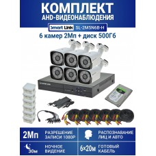 Готовый комплект видеонаблюдения 2Мп, уличный, на 6 камер, с жёстким диском 500Gb, с распознаванием лиц и автомобилей, с удалённым просмотром - для дома/дачи/бизнеса. Smart Link SL-2M5N6B-H.