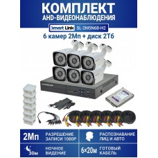 Готовый комплект видеонаблюдения 2Мп уличный, на 6 камер, с жёстким диском 2Tb, с распознаванием лиц и автомобилей, с удалённым просмотром, для дома, дачи, бизнеса. Smart Link SL-2M5N6B-H2