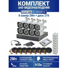 Готовый комплект видеонаблюдения 2Мп уличный, на 8 камер, с жёстким диском 2Tb, с распознаванием лиц и автомобилей, с удалённым просмотром, для дома, дачи, бизнеса. Smart Link SL-2M5N8B-H2