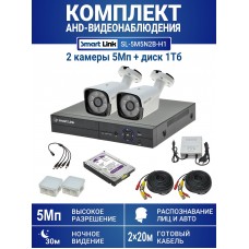 Готовый комплект видеонаблюдения 5Мп, уличный, на 2 камеры, с жёстким диском 1Tb, с распознаванием лиц и автомобилей, с удалённым просмотром - для дома/дачи/бизнеса. Smart Link SL-5M5N2B-H1.