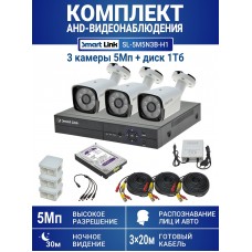 Готовый комплект видеонаблюдения 5Мп, уличный, на 3 камеры, с жёстким диском 1Tb, с распознаванием лиц и автомобилей, с удалённым просмотром - для дома/дачи/бизнеса. Smart Link SL-5M5N3B-H1.