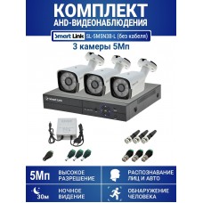 Готовый комплект видеонаблюдения 5Мп, уличный, на 3 камеры, с записью на жёсткий диск, с распознаванием лиц и автомобилей, с удалённым просмотром. Smart Link SL-5M5N3B-Light (без кабеля).