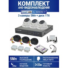 Уличный комплект видеонаблюдения 5Мп на 3 камеры: антивандальные видеокамеры, жёсткий диск 1Tb, распознавание лиц и авто, удалённое наблюдение - для дома/дачи/бизнеса. Smart Link SL-5M5N3M-H1.
