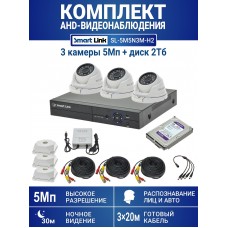 Готовый комплект видеонаблюдения 5Мп уличный, на 3 камеры, с жёстким диском 2Tb, с распознаванием лиц и автомобилей, с удалённым просмотром, для дома, дачи, бизнеса. Smart Link SL-5M5N3M-H2