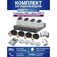 Уличный комплект видеонаблюдения 5Мп на 4 камеры: антивандальные видеокамеры, жёсткий диск 500Гб, распознавание лиц и авто, удалённое наблюдение - для дома/дачи/бизнеса. Smart Link SL-5M5N4M-H.