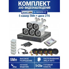 Готовый комплект видеонаблюдения 5Мп уличный, на 5 камер, с жёстким диском 2Tb, с распознаванием лиц и автомобилей, с удалённым просмотром, для дома, дачи, бизнеса. Smart Link SL-5M5N5B-H2
