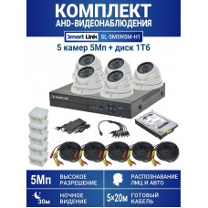 Уличный комплект видеонаблюдения 5Мп на 5 камер: антивандальные видеокамеры, жёсткий диск 1Tb, распознавание лиц и авто, удалённое наблюдение - для дома/дачи/бизнеса. Smart Link SL-5M5N5M-H1.
