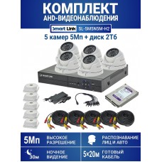 Готовый комплект видеонаблюдения 5Мп уличный, на 5 камер, с жёстким диском 2Tb, с распознаванием лиц и автомобилей, с удалённым просмотром, для дома, дачи, бизнеса. Smart Link SL-5M5N5M-H2