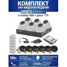 Уличный комплект видеонаблюдения 5Мп на 6 камер: антивандальные видеокамеры, жёсткий диск 1Tb, распознавание лиц и авто, удалённое наблюдение - для дома/дачи/бизнеса. Smart Link SL-5M5N6M-H1.