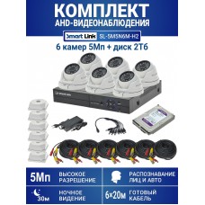 Готовый комплект видеонаблюдения 5Мп уличный, на 6 камер, с жёстким диском 2Tb, с распознаванием лиц и автомобилей, с удалённым просмотром, для дома, дачи, бизнеса. Smart Link SL-5M5N6M-H2