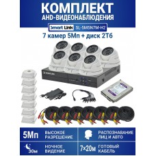 Готовый комплект видеонаблюдения 5Мп уличный, на 7 камер, с жёстким диском 2Tb, с распознаванием лиц и автомобилей, с удалённым просмотром, для дома, дачи, бизнеса. Smart Link SL-5M5N7M-H2