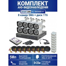 Готовый комплект видеонаблюдения 5Мп, уличный, на 8 камер, с жёстким диском 1Tb, с распознаванием лиц и автомобилей, с удалённым просмотром - для дома/дачи/бизнеса. Smart Link SL-5M5N8B-H1.