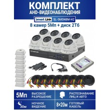 Готовый комплект видеонаблюдения 5Мп уличный, на 8 камер, с жёстким диском 2Tb, с распознаванием лиц и автомобилей, с удалённым просмотром, для дома, дачи, бизнеса. Smart Link SL-5M5N8M-H2
