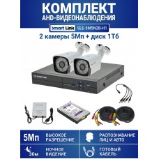 Готовый комплект видеонаблюдения 5Мп, уличный, на 2 камеры, с жёстким диском 1Tb, с распознаванием лиц и автомобилей, с удалённым просмотром - для дома/дачи/бизнеса. Smart Link SLE-5M5N2B-H1.