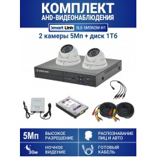 Уличный комплект видеонаблюдения 5Мп на 2 камеры: антивандальные видеокамеры, жёсткий диск 1Tb, распознавание лиц и авто, удалённое наблюдение - для дома/дачи/бизнеса. Smart Link SLE-5M5N2M-H1.