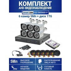 Готовый комплект видеонаблюдения 5Мп, уличный, на 6 камер, с жёстким диском 1Tb, с распознаванием лиц и автомобилей, с удалённым просмотром - для дома/дачи/бизнеса. Smart Link SLE-5M5N6B-H1.